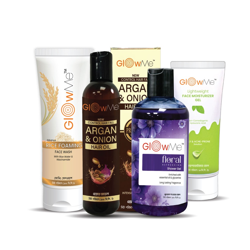 GlowMe Special Combo Rice Facewash, Light Moisturizer, Argan & Onion Oil, Floral Shower Gel